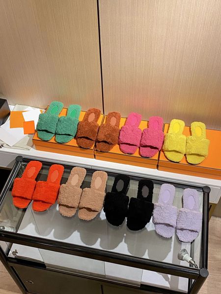 Zapatillas planas de invierno 2021 para mujer, insertos de copa en el talón, zapatos de lana multicolor, estilo de diseñador, paquete completo, tamaño 34-43