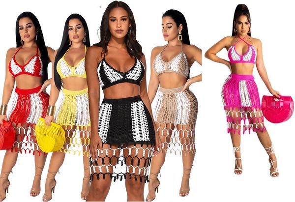 2021 Femmes Beachwear Crochet Crochet Crochet Hollow Tassel Deux Pièces Bikini Set Mode Maillot de bain à la main Filles Sexy Two-Pièce Costume