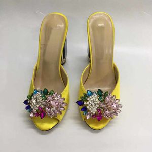 Sandalias de tacón alto con diamantes de imitación para mujer, chanclas de verano, sin cordones, vestido de novia, zapatos de gladiador, papeletas de diamantes de colores, amarillo 3D, 2021