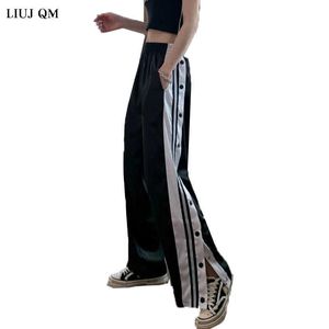 2021 Femmes Joggers Pantalons de survêtement Casual Pantalons larges Femmes Stripe Hip Hop Sweat Pantalon Streetwear Femmes Bouton Pantalon Vintage X0629