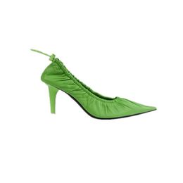 2021 Femmes Mesdames Vraiment réel en cuir haut talons Chaussures habillées Pumps Pliant Sandales plissées Summer Pillage décontracté Pionte Sweet Party Wedding Green Size 34-41