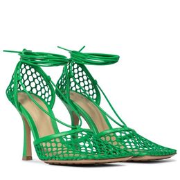 2021 femmes dames véritable cuir véritable talons hauts sandales été bout carré armure tricot tresse robe de mariée gladiateur croisé lacets chaussures sexy vert taille 34-44