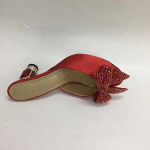 2021 Dames dames echte satijnen lederen strass 8 cm hoge hakken sandalen zomer flip-flops slipper slip-on trouwjurk gladiator schoenen diamanten stembiljetten 3D