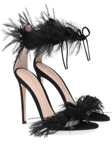 2021 Mujeres Damas de cuero de piel de oveja 9.5 cm Sandalias Sandalias de verano Boda informal Ladiador sexy Lace Cross Up Feather Peep-Toe Tamaño 34-42