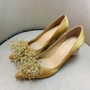 2021 Women Ladies vlek echte echte lederen kledingschoenen diamant 8 cm kegel hoge hakken sandalen zomer pollige puntige teen bruiloft sexy slip-on ballots maat 35-43