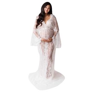 2021 mujeres maternidad embarazadas accesorios de fotografía Pagoda manga larga cuello en V vestido de verano vestido Sexy de encaje para mujeres embarazadas Q0713