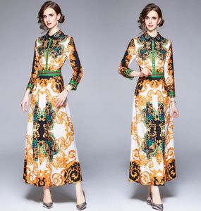 2021 Women Retro Floral Shirt Dress Luxury Designer Lange Mouw Casual Resort Party Slim Print Maxi Dresses Spring Autumn Office L8582924