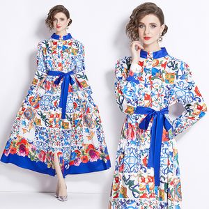 Vrouwen retro bloemen shirt jurk luxe ontwerper lange mouw casual resort feest slanke print maxi jurken lente herfst kantoor dame café runway mode a-line japon 2024