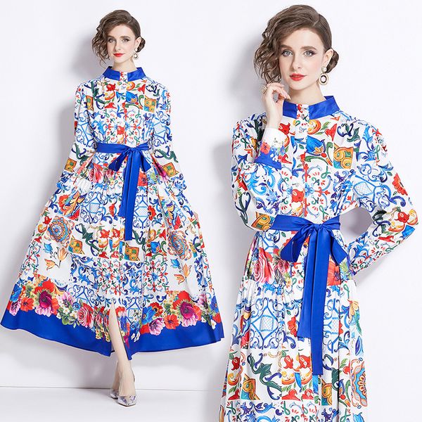 Femmes Robe de chemise florale rétro Designer de luxe de luxe à manches longues décontractées de villégiature mince Impression maxi