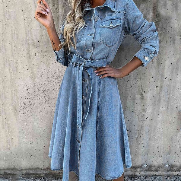 2021 femmes Denim Midi chemise robe mode automne à manches longues mince solide bleu décontracté ample Jean robes Vestido De Mujer Y1006