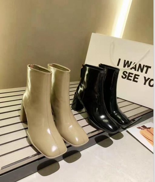 2022 nouveau design femme mode cuir court demi bottes filles décontracté hiver chaud talon épais botte épaisse dame en plein air bout fermé chaussure noir beige Pas de taille de boîte 35-39 # B10