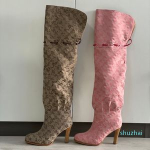 2021 Dames Knie-High Boots Designer Originele schoenen Hoge hak Beige Roze Gedrukt Canvas over de knie boot ritssluiting Casual schoen