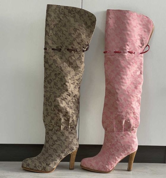 2021 bottes au genou pour femmes chaussures originales de créateur à talons hauts beige rose imprimé toile sur le genou botte fermeture éclair lacets chaussure décontractée taille 35-42 NO317