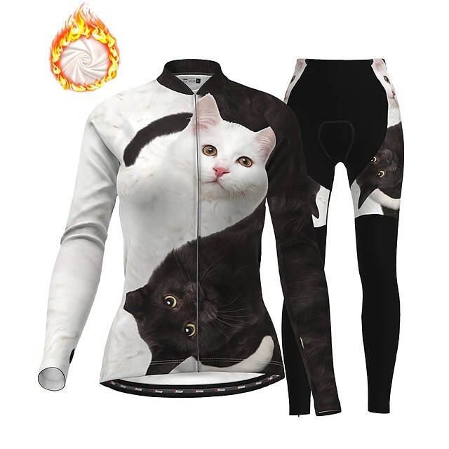 2021 Kvinnor Cycling Long Sleeve Jersey Ang Bib Shorts With Tights Winter Fleece Polyester Black/White Cat
