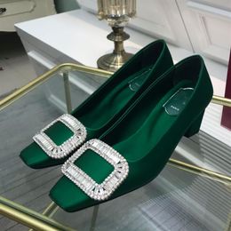 2021 zapatos formales de tacón medio para mujer punta cuadrada azul verde diseñador de moda profesional oro rosa diamante decorativo carvin283m