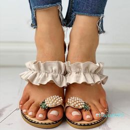 2021 Vrouwen Slipper Ananas Pearl Platte Teen Bohemian Casual Beach Sandalen Dames Schoenen Platform Designer Zwart Dia's Drop Ship