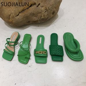 2021 vrouwen slippers mode groene dames platte hak glijbanen zomer buitenstrand slip op sandaal schoenen vrouwelijke slippers