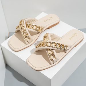 2021 Zapatillas para mujer Personalized Cross-Cadena Dign Fondo plano Sandalias al aire libre Tacón Mujer Sho