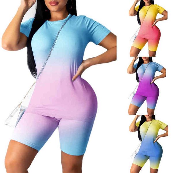 2021 Femmes Sports Suit 2pcs / Set Neon Top Pantalon court Vêtements d'entraînement Survêtement Mode Summer Outfit Dames Casual 2 pièces Ensemble X0428