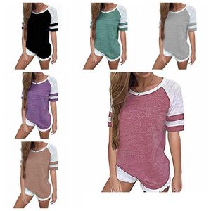 2021 femmes Rayé Épissage Baseball T-shirt Mode D'été Décontracté O Cou Haut Ample T-shirt Tout Assorti T Chemise De Grande Taille