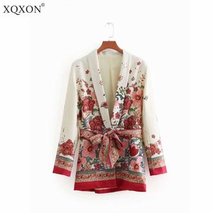 2021 Dames Vintage Retro Red Floral Print Kimono Blazer Pak Jas Dames Taille Bowknot Sjerpen Uitloper BusinCaSal Coat X0721