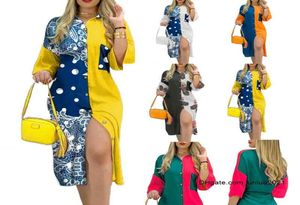 2021 Women039S Cardigan Style Mid Taille Lange rok Print Stretch Tas Hip Vneck Pocket Button Contrast Dress6354123