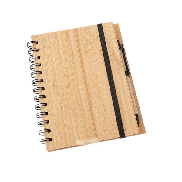 Bloc-notes à spirale avec couverture en bois de bambou 2021 avec stylo 70 feuilles de papier ligné recyclé