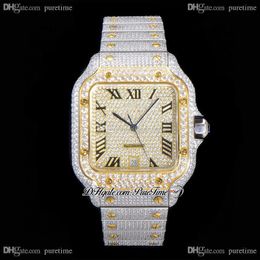 2021 xl verharde diamanten Eta A2824 Automatische heren Watch volledig Iced Two Tone Yellow Gouden Roman Quick Switch SS Bracelet Jewelry Super Edition Puretime C3
