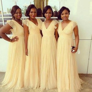 2021 Yellow Bridesmaid Dresses V Neck Ruched Floor Length Tulle Ruched Short Cap Sleeves Custom Made Plus Size Maid of Honor Gowns