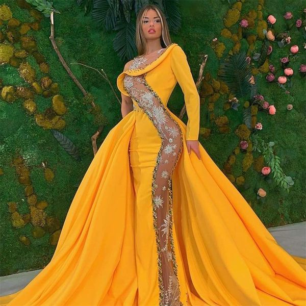 2021 jaune sirène robes de soirée dentelle pailletée transparente longue formelle robes de bal surjupe tapis rouge robe robe taille personnalisée