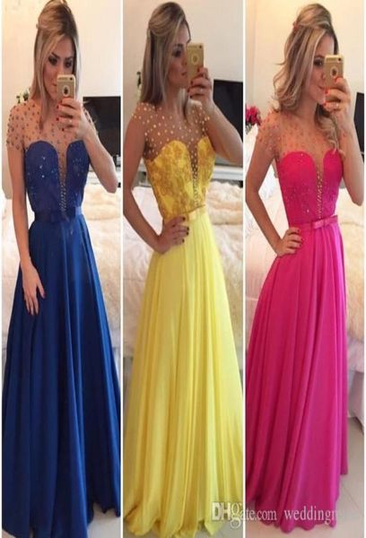 2021 Robes de bal jaune Robes de soie en mousseline de soie sur mesure pas cher Blue Royal Bleu une ligne Sheer Bijoual Sleeves avec Pearls Lace A2426832