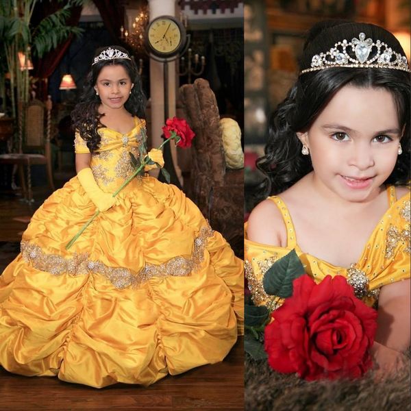 2021 Jaune Rétro Princesse Mignon Fleur Filles Robes Pour Les Mariages Hors Épaule Perles De Cristal En Cascade Volants Anniversaire Enfants Fille Pageant Robes