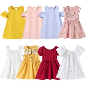 2021 Vestidos sólidos amarillos para niños Algodón Niñas Verano Fuera del hombro Niños Vestido de manga corta Q0716