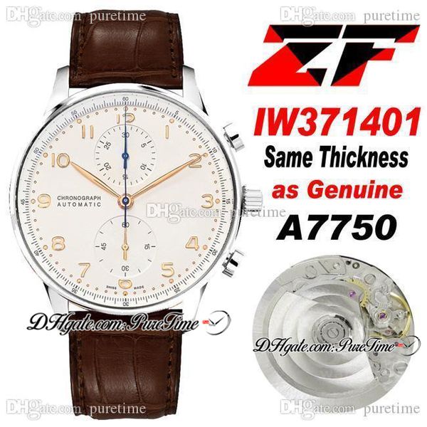 2021 ZFF 371401 ETA A7750 Chronographe Automatique Montre Homme Boîtier Acier Cadran Blanc Cuir Marron Super Edition Chronomètre Montres (Même Épaisseur que Véritable) Puretime