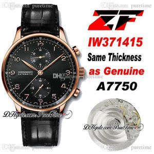 2021 ZFT 371415 ETA A7750 Automatische Chronograph Mens Watch Rose Gold Black Dial Lederen band Super Edition Stopwatch Horloges (Dezelfde Dikte als Echt) Puretime