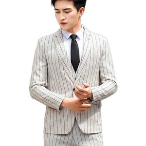 2021 automne et hiver mâle style coréen mince costume en lin rayé costume deux pièces + pantalon X0909