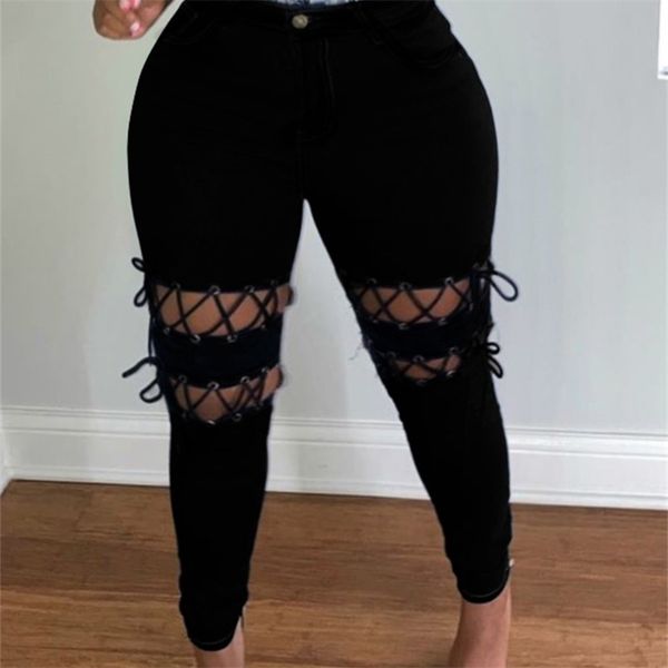 2021 Nouveaux arrivants Femmes Jeans à lacets Trous Creux Out Mode Plus Taille Jeans Streetwear Taille haute Skinny Denim Crayon Pantalon 201223