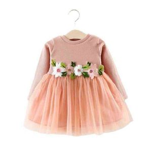 2021 nuevos productos en primavera otoño niños cintura flor manga larga vestido Casual bonita princesa vestido bebé falda G1215