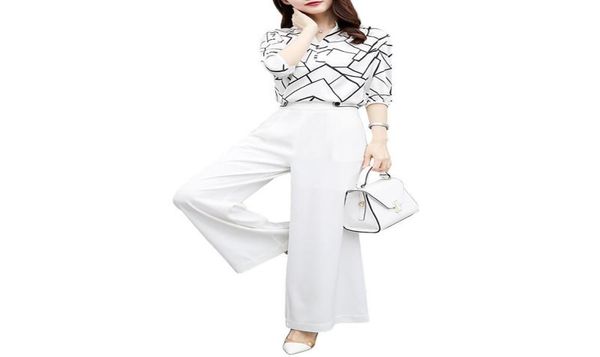 Trajes de verano para mujer, blusa, camisa, conjunto de pantalón de dos piezas, Tops de gasa elegantes sueltos, pantalón de pierna ancha blanco, novedad de 2021, 7069416