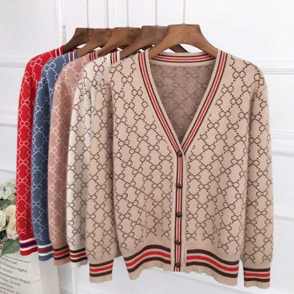 Diseñador mujer Suéter Reversible Algodón Jacquard Cardigan Hombre Polo Cardigans Cuello en V Manga larga Casual Chaqueta de punto Abrigo Otoño Invierno Mantener caliente Tocando fondo