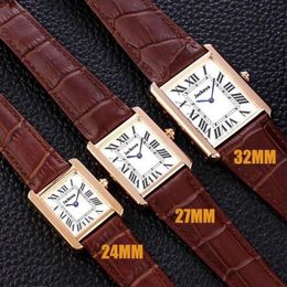 2021Top Fashion Woman Relojes New Tank Series Casual Gold Watch 32mm 27mm 24mm Mujeres Real Cuero Cuarzo Montres Ultra Thin 801228e