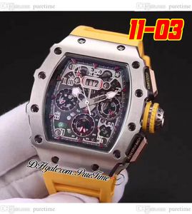 2022 11-03 A21J Automatische Mens Watch Steel Case Zwart Skeleton Die Big Date Yellow Crown Rubber Strap 5 Styles horloges Puretime E5