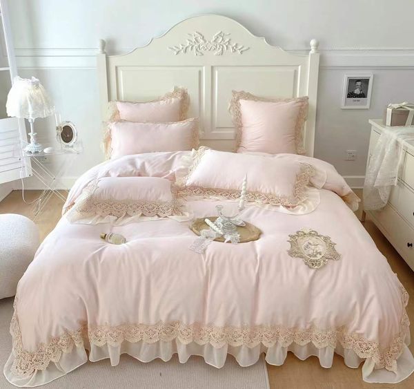 2022 140S 100% coton 5pcs broderie dentelle rose filles ensembles de literie housse de couette drap taie d'oreiller tache lit roi reine beau palais noble lit royal