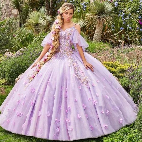 2022 Vestidos de quinceañera lila del siglo 18 Fuera del hombro Vestido de fiesta medieval con flores 3D con cordones Manga corta Dulce 15 Vesti234o
