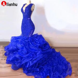 2022 Nieuwjaar Organza Ruffles Rok V-hals Royal Blue Jurken Mermaid Prom Aso Ebi Afrikaanse avondjurken Partyjurken Robe de Soirée