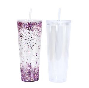 Vasos acrílicos de globo de nieve de doble pared de 24 oz con tapa plana, vaso de bebida de plástico transparente con pajita y orificio para llenar con purpurina