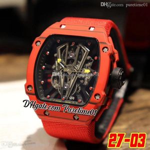 2022 27-03 Miyota Automatic Mens Watch cassa in fibra di carbonio rosso quadrante scheletrato nero cinturino in nylon Super Edition Puretime01 E74B1