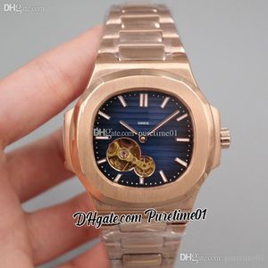 2022 5711 Tourbillon Automatic Mens Horloge Rose Gold Blue Textured Dial Stick Markers Roestvrijstalen Armband 8 Stijlen Horloges Puretime01 E20SS-C3