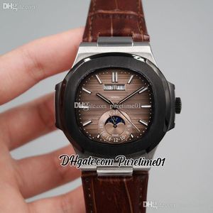 2022 5726 Jaarlijkse Kalender MaanFase Automatische Herenhorloge Staalkoffer Zwart Bezel Bruin Textuur Dial Stick Markers Lederen 8 Stijlen Horloges Puretime01 E18LH-B2