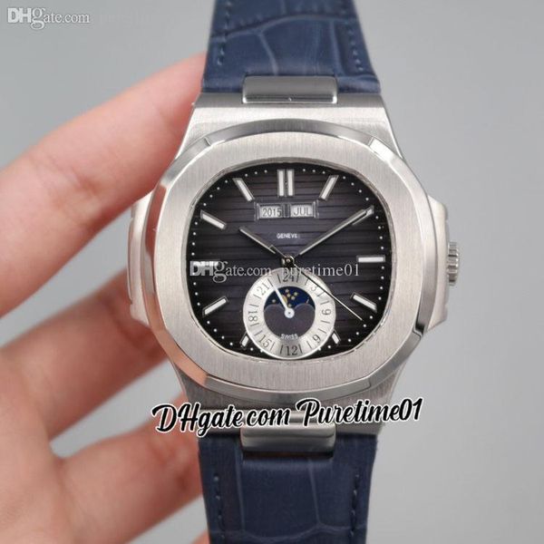 2022 5726 Calendrier Annuel Phase De Lune Automatique Montre Pour Homme Boîtier En Acier Cadran Bleu Texturé Marqueurs De Bâton Bracelet En Cuir 8 Styles Montres Puretime01 E18LH-I9